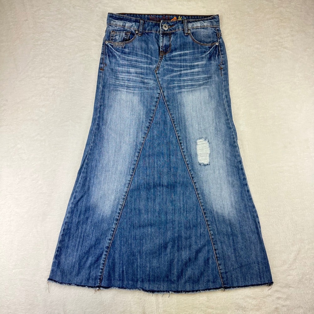 Mudd Denim Skirt Juniors‎ 3 Blue Maxi A-Line Medium Wash Distressed Cotton Y2K